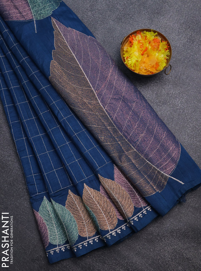 Semi raw silk saree peacock blue with zari checked pattern and embroidery leaf butta border