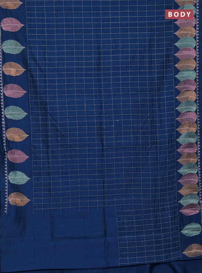Semi raw silk saree peacock blue with zari checked pattern and embroidery leaf butta border