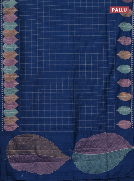 Semi raw silk saree peacock blue with zari checked pattern and embroidery leaf butta border