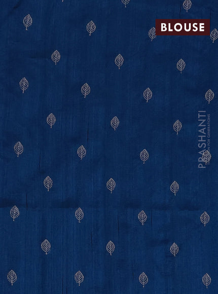 Semi raw silk saree peacock blue with zari checked pattern and embroidery leaf butta border