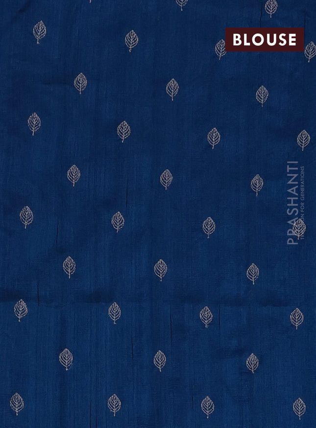 Semi raw silk saree peacock blue with zari checked pattern and embroidery leaf butta border