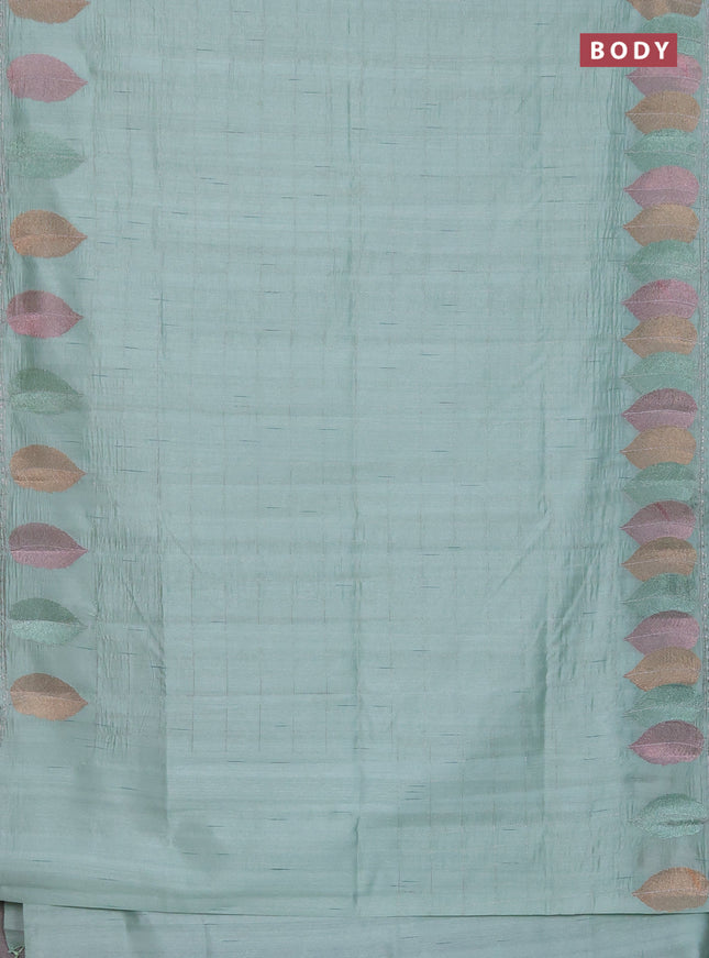 Semi raw silk saree pastel green with zari checked pattern and embroidery leaf butta border