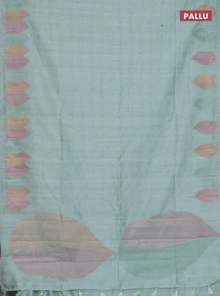 Semi raw silk saree pastel green with zari checked pattern and embroidery leaf butta border