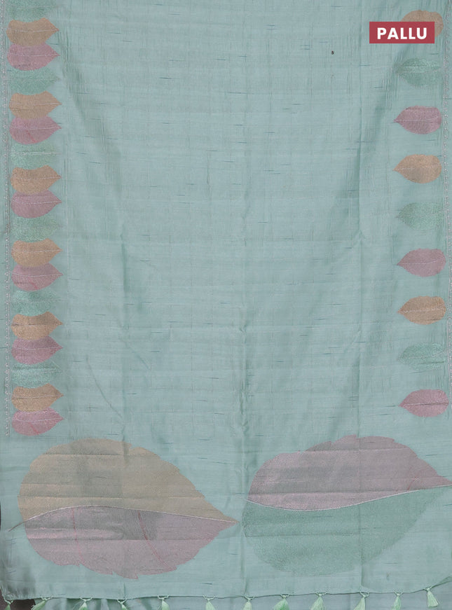 Semi raw silk saree pastel green with zari checked pattern and embroidery leaf butta border