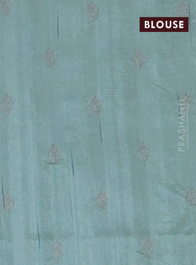 Semi raw silk saree pastel green with zari checked pattern and embroidery leaf butta border