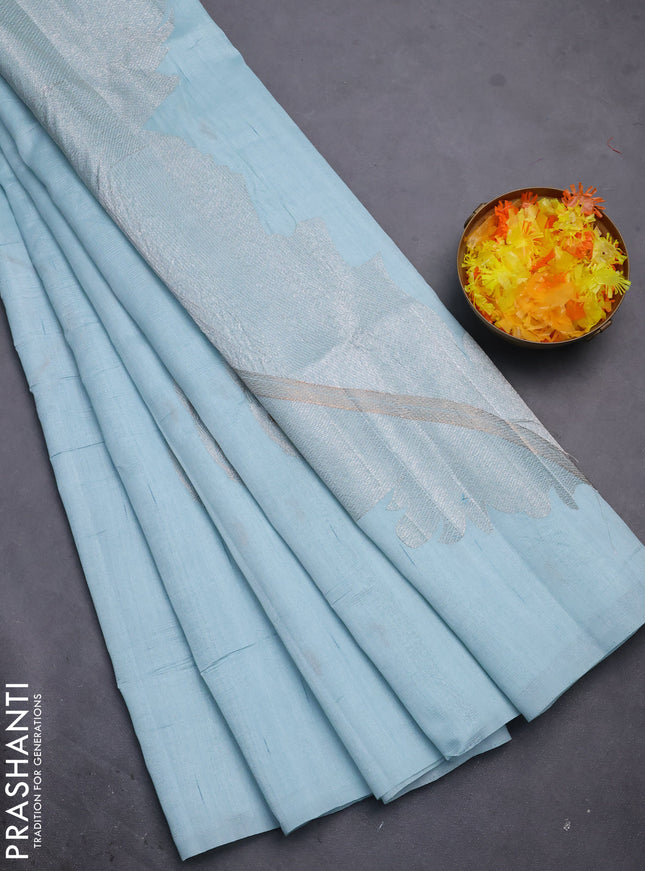 Semi raw silk saree light blue with embriodery leaf buttas and embroidery leaf butta border
