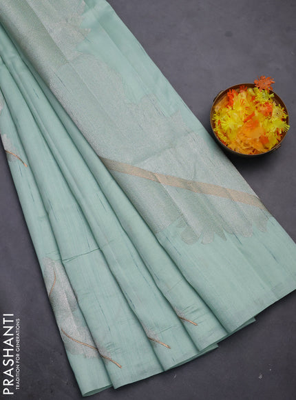 Semi raw silk saree pastel green with embriodery leaf buttas and embroidery leaf butta border