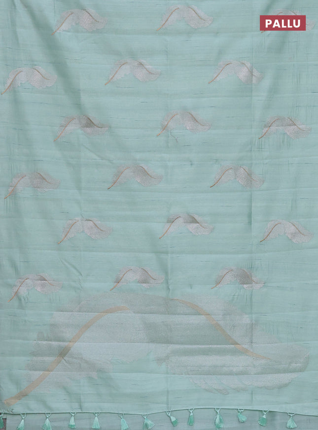 Semi raw silk saree pastel green with embriodery leaf buttas and embroidery leaf butta border