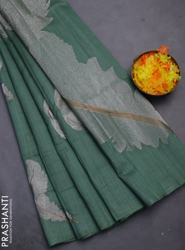 Semi raw silk saree green shade with embriodery leaf buttas and embroidery leaf butta border