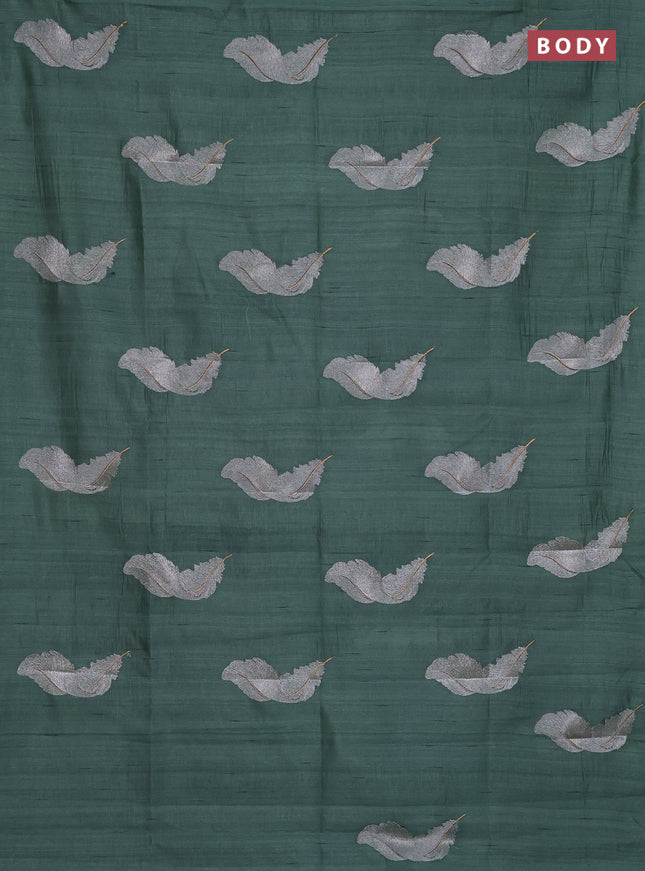 Semi raw silk saree green shade with embriodery leaf buttas and embroidery leaf butta border