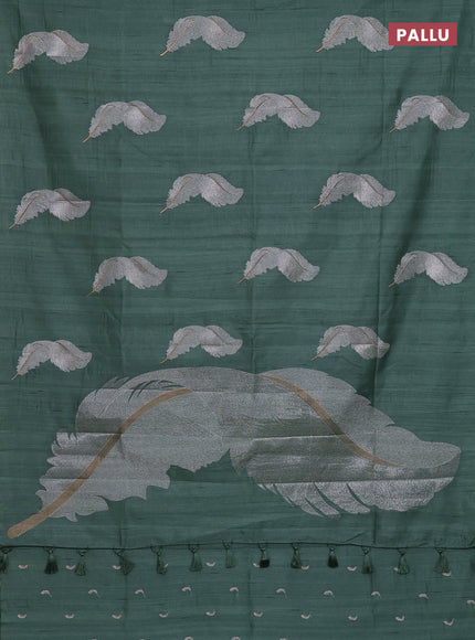 Semi raw silk saree green shade with embriodery leaf buttas and embroidery leaf butta border