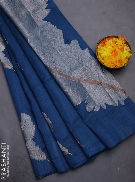 Semi raw silk saree peacock blue with embriodery leaf buttas and embroidery leaf butta border