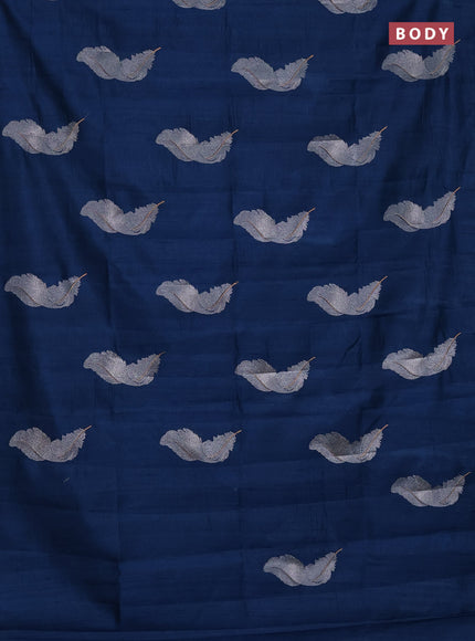 Semi raw silk saree peacock blue with embriodery leaf buttas and embroidery leaf butta border