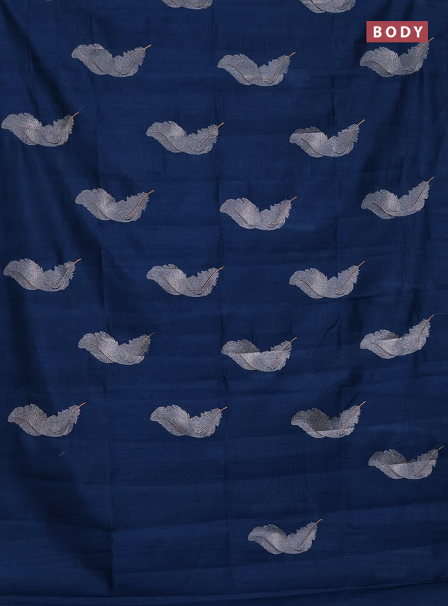 Semi raw silk saree peacock blue with embriodery leaf buttas and embroidery leaf butta border