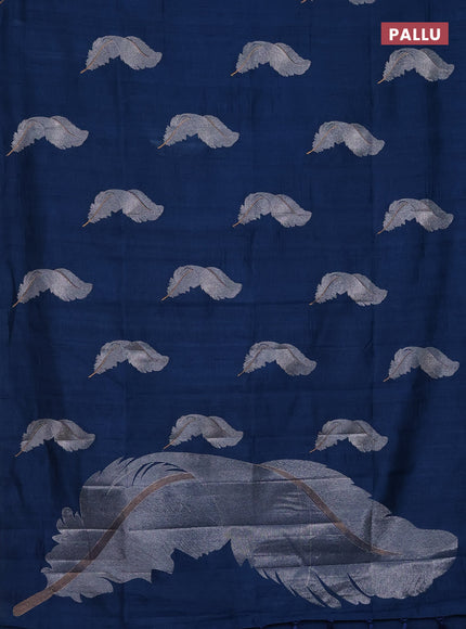 Semi raw silk saree peacock blue with embriodery leaf buttas and embroidery leaf butta border