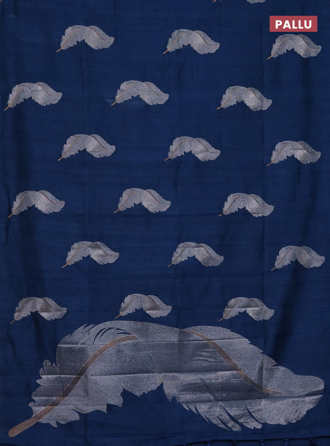 Semi raw silk saree peacock blue with embriodery leaf buttas and embroidery leaf butta border