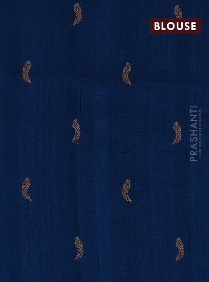 Semi raw silk saree peacock blue with embriodery leaf buttas and embroidery leaf butta border
