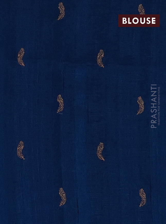 Semi raw silk saree peacock blue with embriodery leaf buttas and embroidery leaf butta border