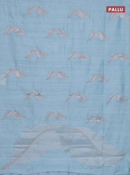 Semi raw silk saree light blue with embriodery leaf buttas and embroidery leaf butta border