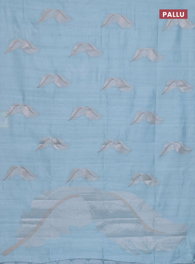 Semi raw silk saree light blue with embriodery leaf buttas and embroidery leaf butta border