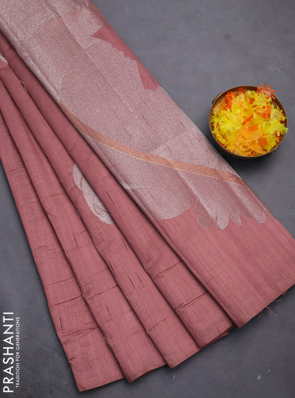 Semi raw silk saree rosy brown with embriodery leaf buttas and embroidery leaf butta border