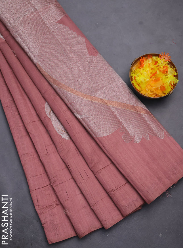 Semi raw silk saree rosy brown with embriodery leaf buttas and embroidery leaf butta border