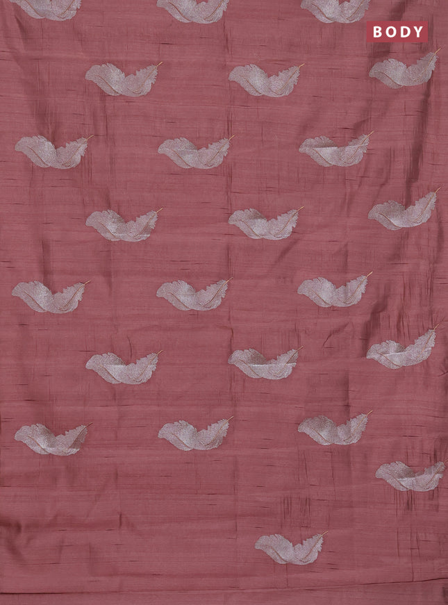 Semi raw silk saree rosy brown with embriodery leaf buttas and embroidery leaf butta border