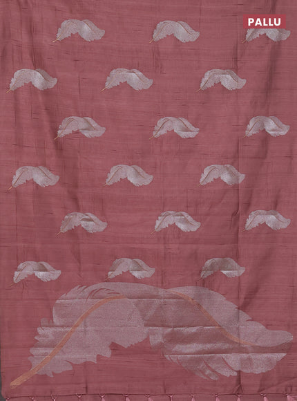 Semi raw silk saree rosy brown with embriodery leaf buttas and embroidery leaf butta border