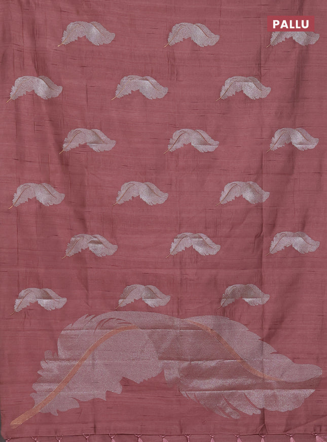Semi raw silk saree rosy brown with embriodery leaf buttas and embroidery leaf butta border