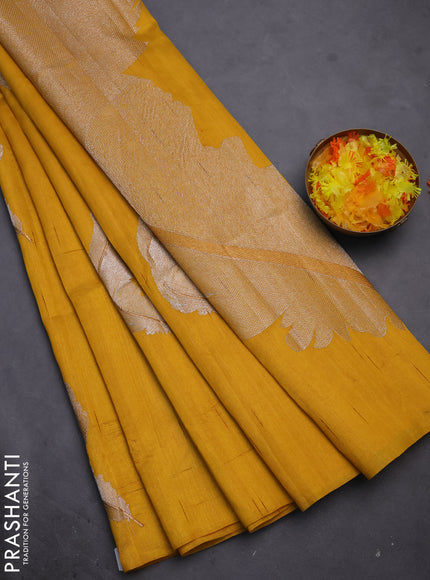 Semi raw silk saree mustard yellow with embriodery leaf buttas and embroidery leaf butta border