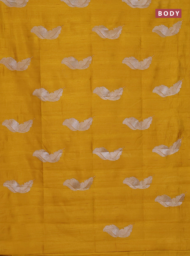 Semi raw silk saree mustard yellow with embriodery leaf buttas and embroidery leaf butta border