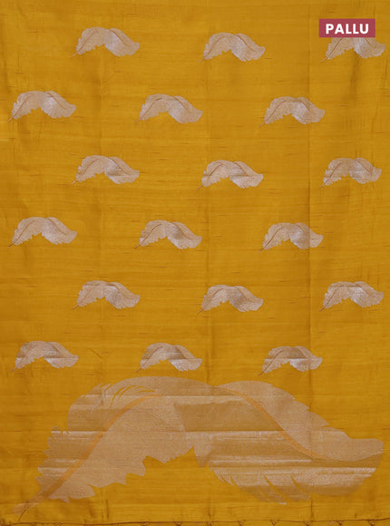 Semi raw silk saree mustard yellow with embriodery leaf buttas and embroidery leaf butta border