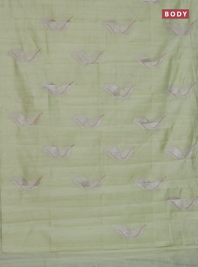 Semi raw silk saree pista green with embriodery leaf buttas and embroidery leaf butta border