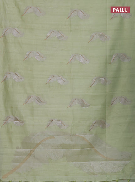 Semi raw silk saree pista green with embriodery leaf buttas and embroidery leaf butta border
