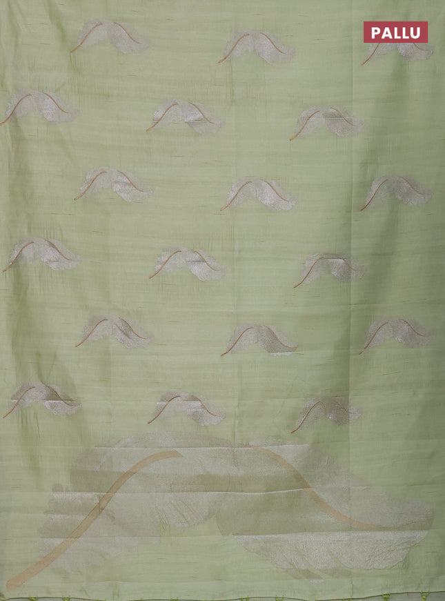 Semi raw silk saree pista green with embriodery leaf buttas and embroidery leaf butta border