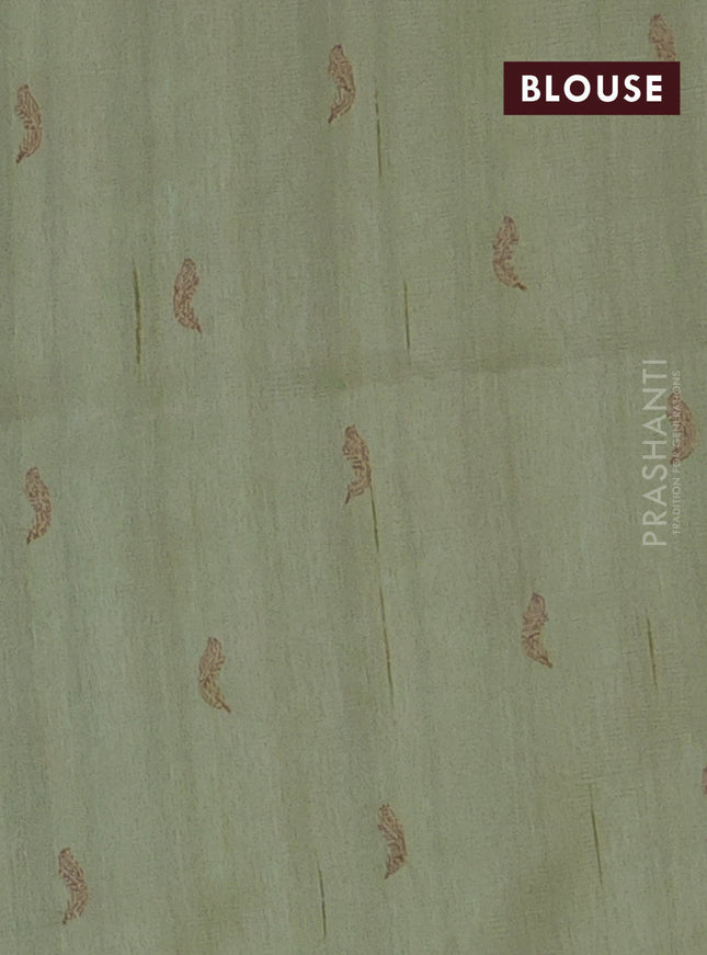 Semi raw silk saree pista green with embriodery leaf buttas and embroidery leaf butta border