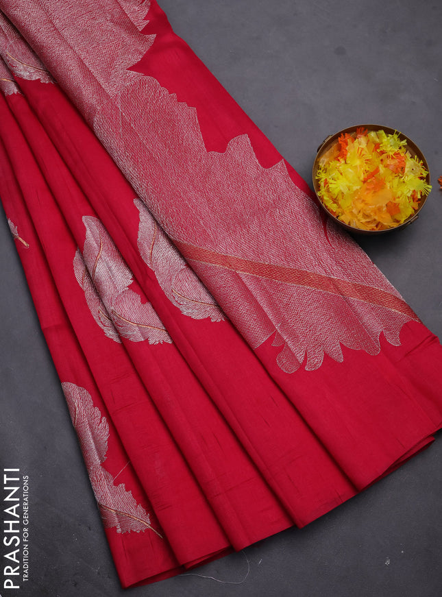 Semi raw silk saree dark pink with embriodery leaf buttas and embroidery leaf butta border