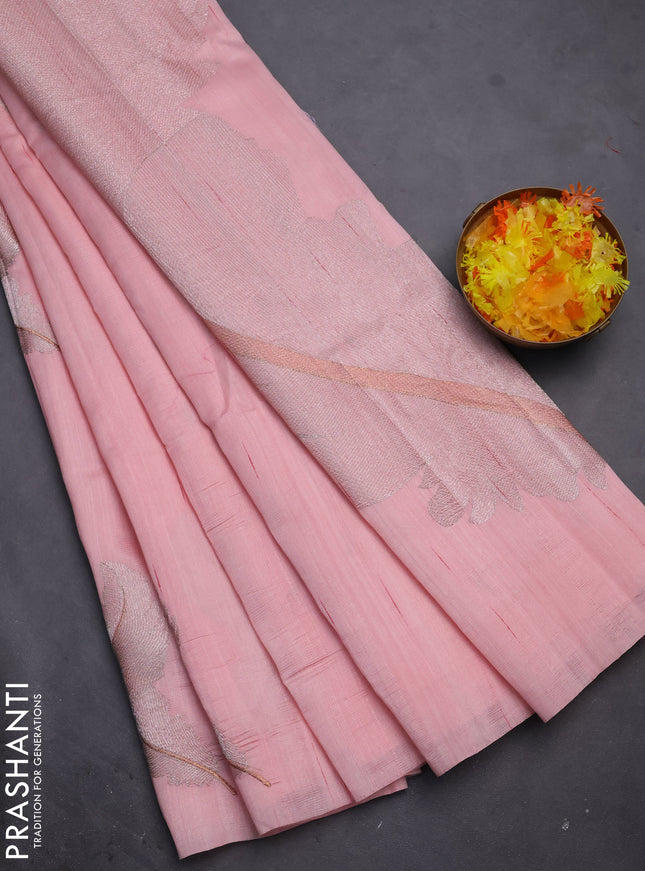 Semi raw silk saree peach shade with embriodery leaf buttas and embroidery leaf butta border