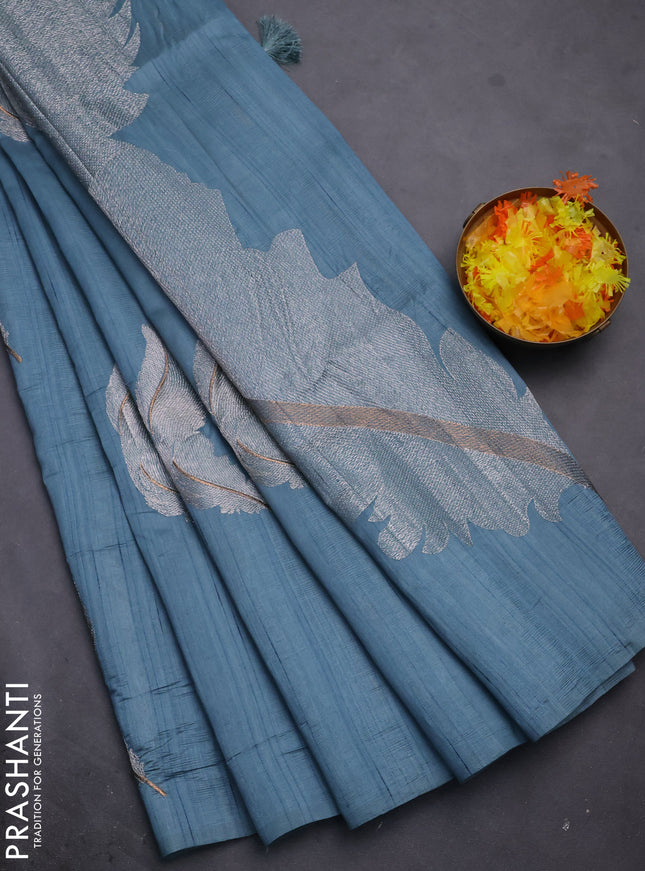 Semi raw silk saree pastel blue with embriodery leaf buttas and embroidery leaf butta border