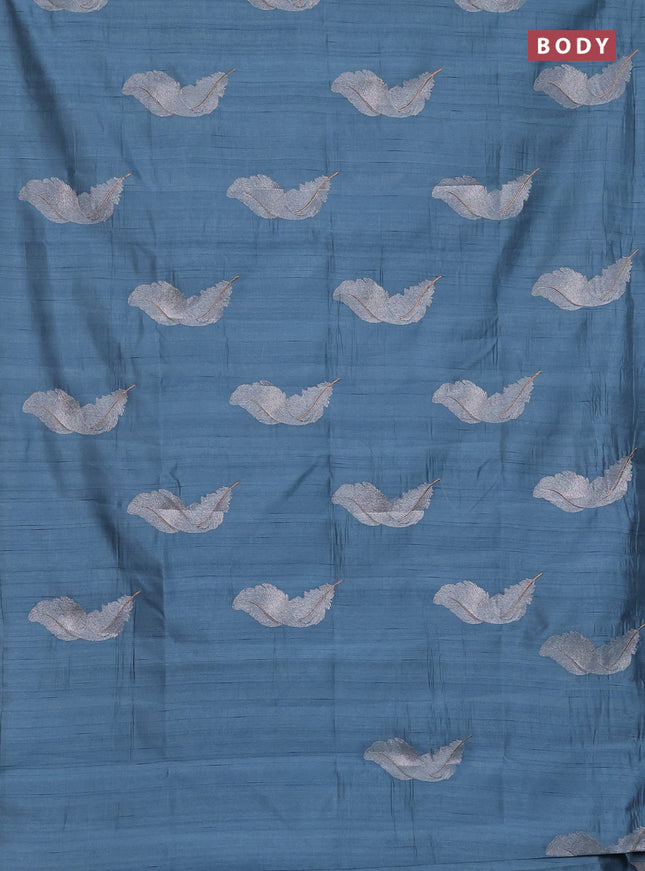 Semi raw silk saree pastel blue with embriodery leaf buttas and embroidery leaf butta border