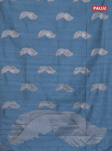 Semi raw silk saree pastel blue with embriodery leaf buttas and embroidery leaf butta border
