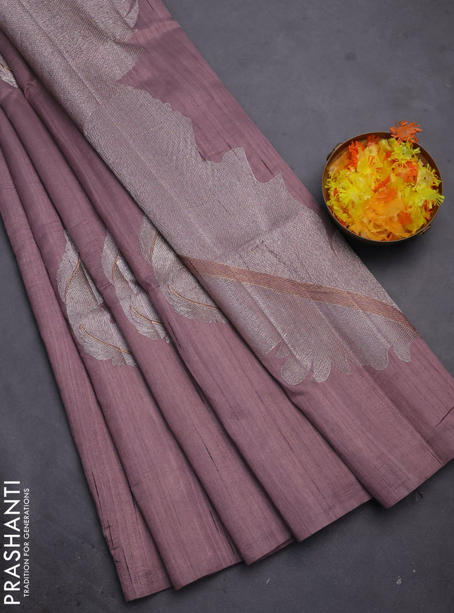 Semi raw silk saree pastel mauve pink with embriodery leaf buttas and embroidery leaf butta border