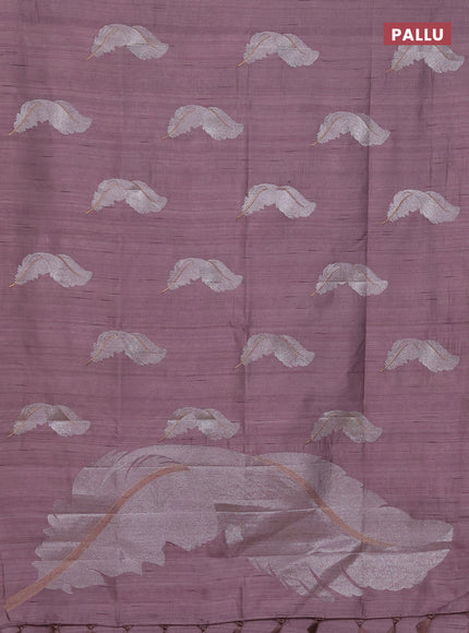 Semi raw silk saree pastel mauve pink with embriodery leaf buttas and embroidery leaf butta border