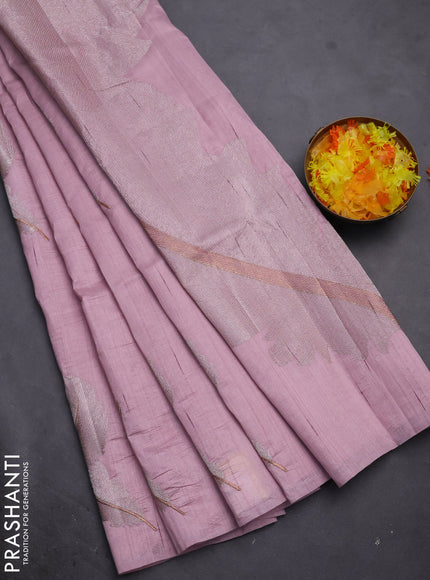 Semi raw silk saree pastel pink with embriodery leaf buttas and embroidery leaf butta border