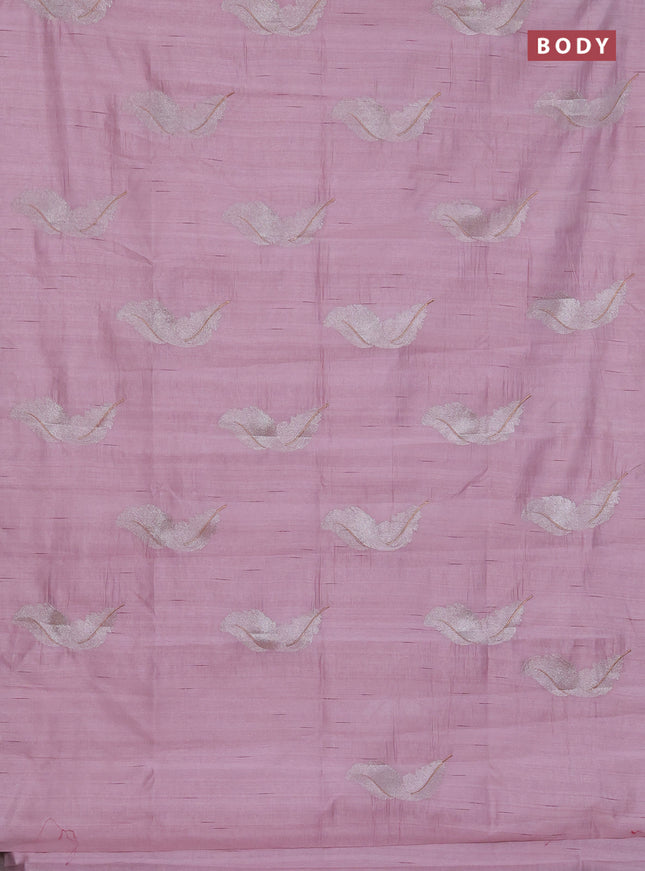 Semi raw silk saree pastel pink with embriodery leaf buttas and embroidery leaf butta border