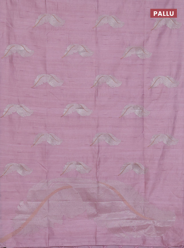 Semi raw silk saree pastel pink with embriodery leaf buttas and embroidery leaf butta border