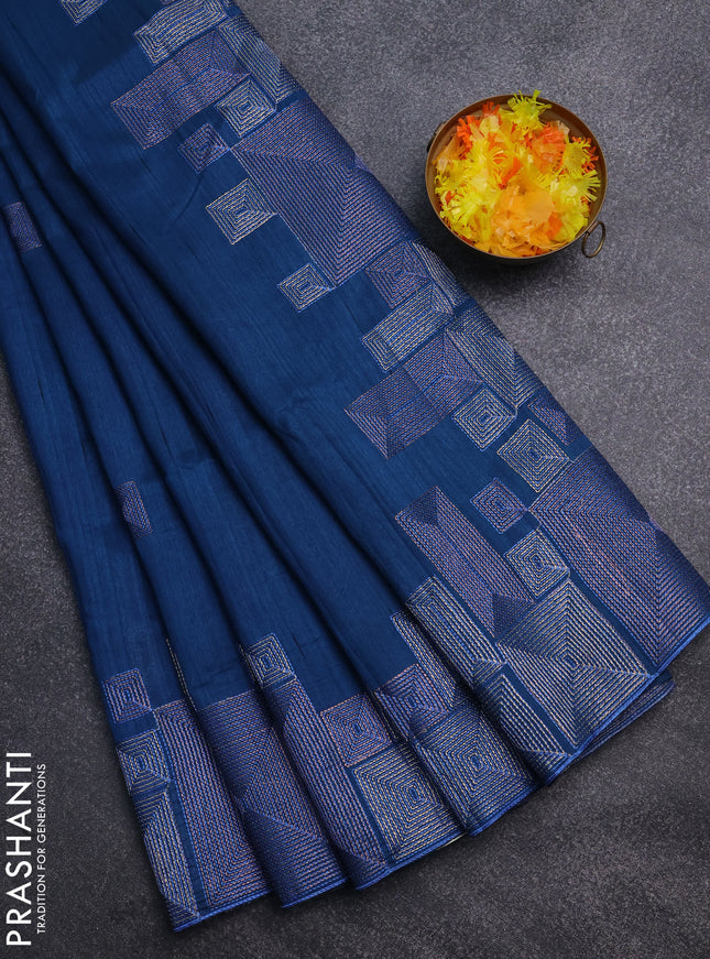 Semi raw silk saree peacock blue with embroidery work buttas and geometric design embroidery border