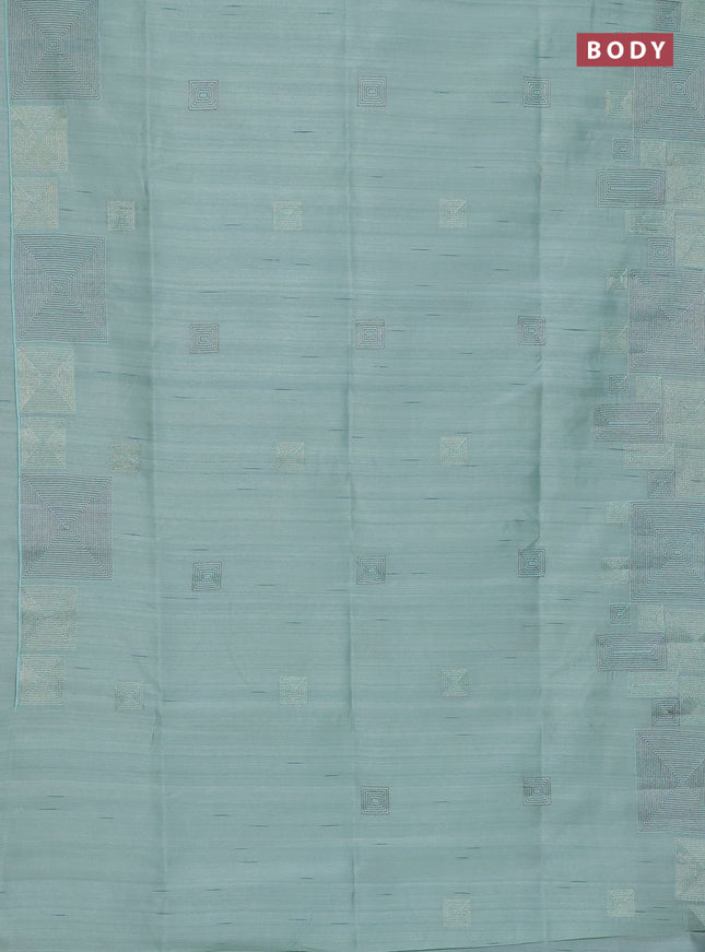 Semi raw silk saree pastel green with embroidery work buttas and geometric design embroidery border