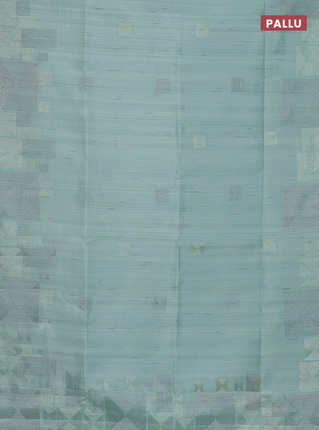 Semi raw silk saree pastel green with embroidery work buttas and geometric design embroidery border