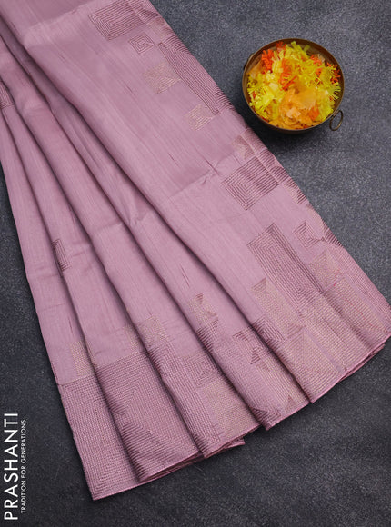 Semi raw silk saree pastel pink with embroidery work buttas and geometric design embroidery border
